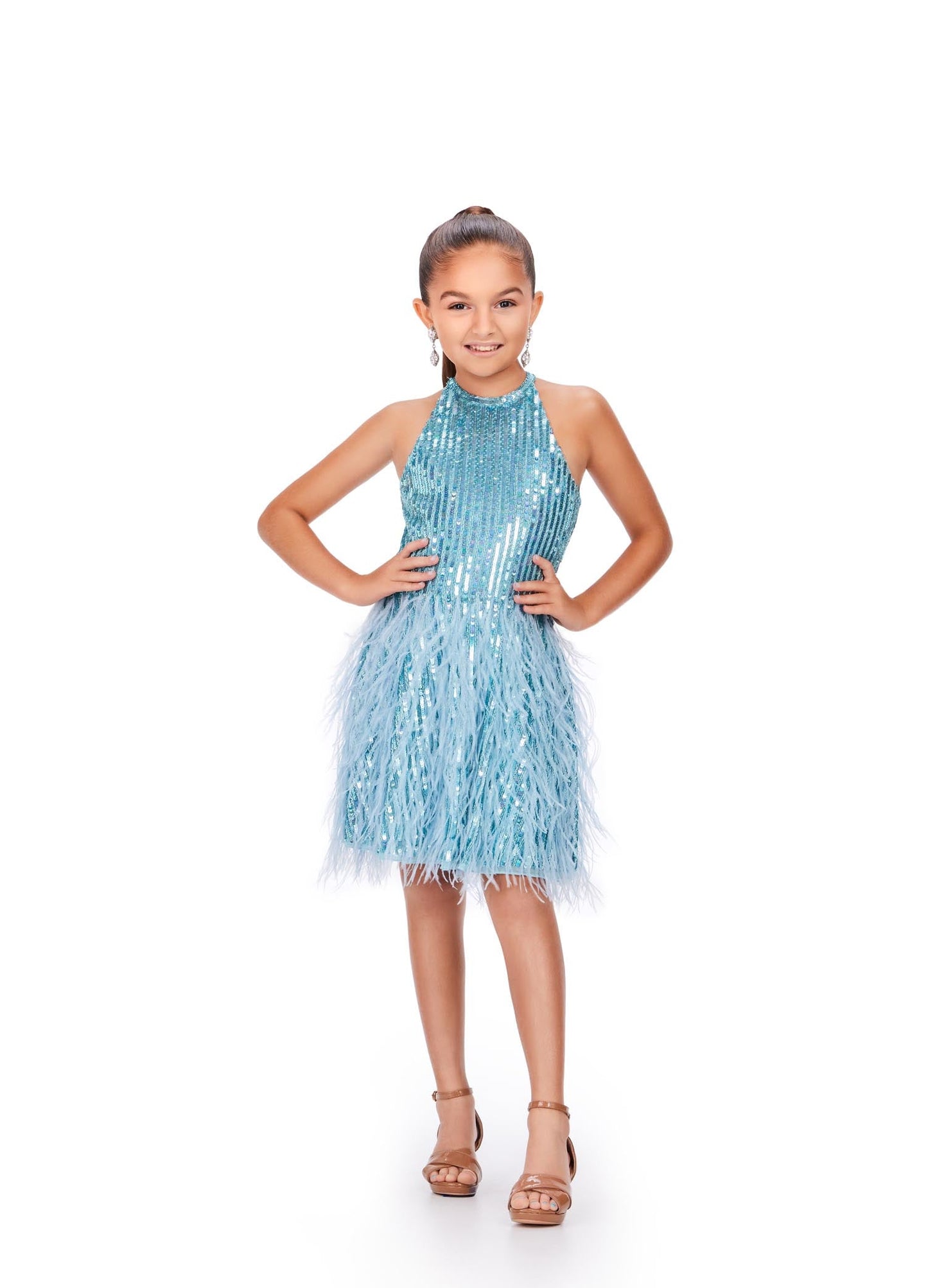 Ashley Lauren Kids 8196 Size 10 Orchid Fully Beaded Girls Cocktail Dress Halter Top With Feather A-Line Skirt