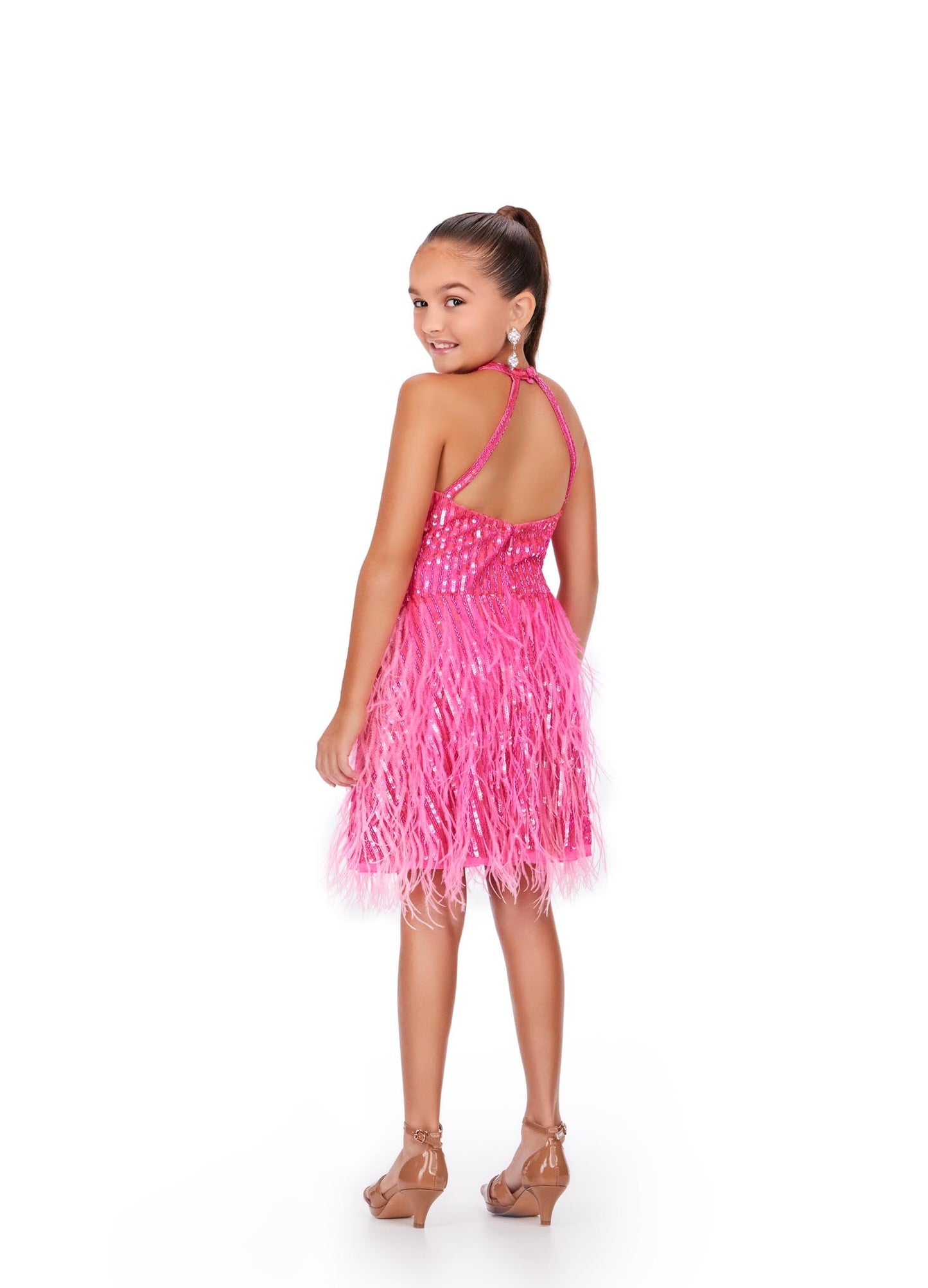 Ashley Lauren Kids 8196 Size 10 Orchid Fully Beaded Girls Cocktail Dress Halter Top With Feather A-Line Skirt