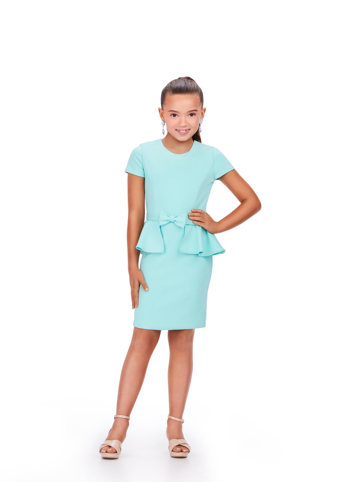 Ashley Lauren Kids 8205 girls peplum interview dress scuba with high neckline short sleeves