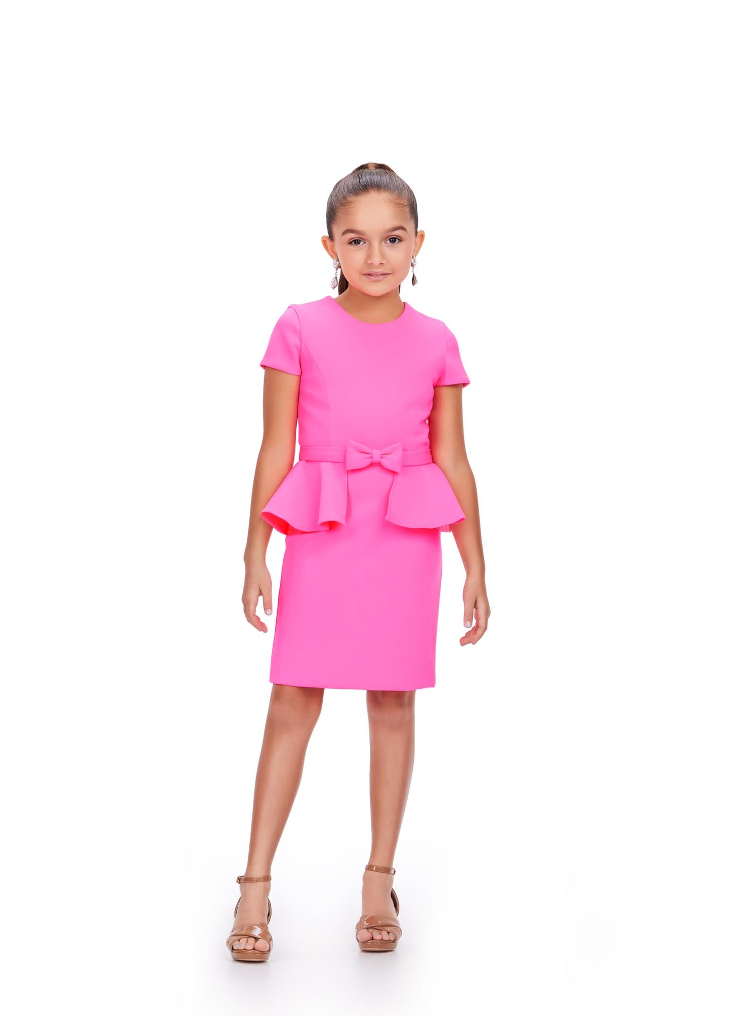 Ashley Lauren Kids 8205 girls peplum interview dress scuba with high neckline short sleeves