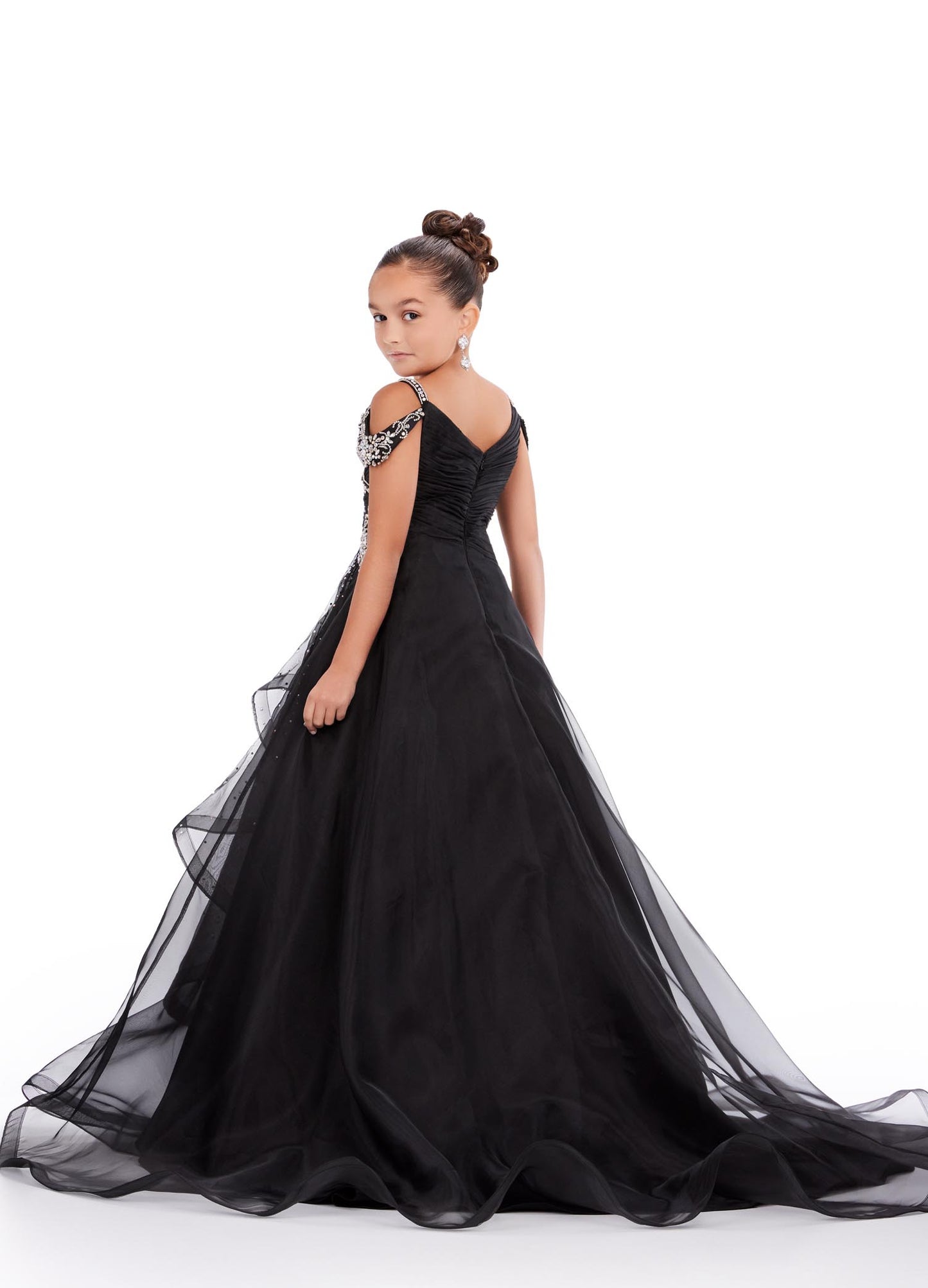 Ashley Lauren Kids 8213 Girls Pageant Dress.  A dress straight out of a fairytale! This organza ball gown features a V-Neckline and off shoulder beaded straps. The beadwork cascades down the dress giving major princess vibes! V-Neckline Off Shoulder Straps Crystal Details Ball Gown Black, Orchid, Sky