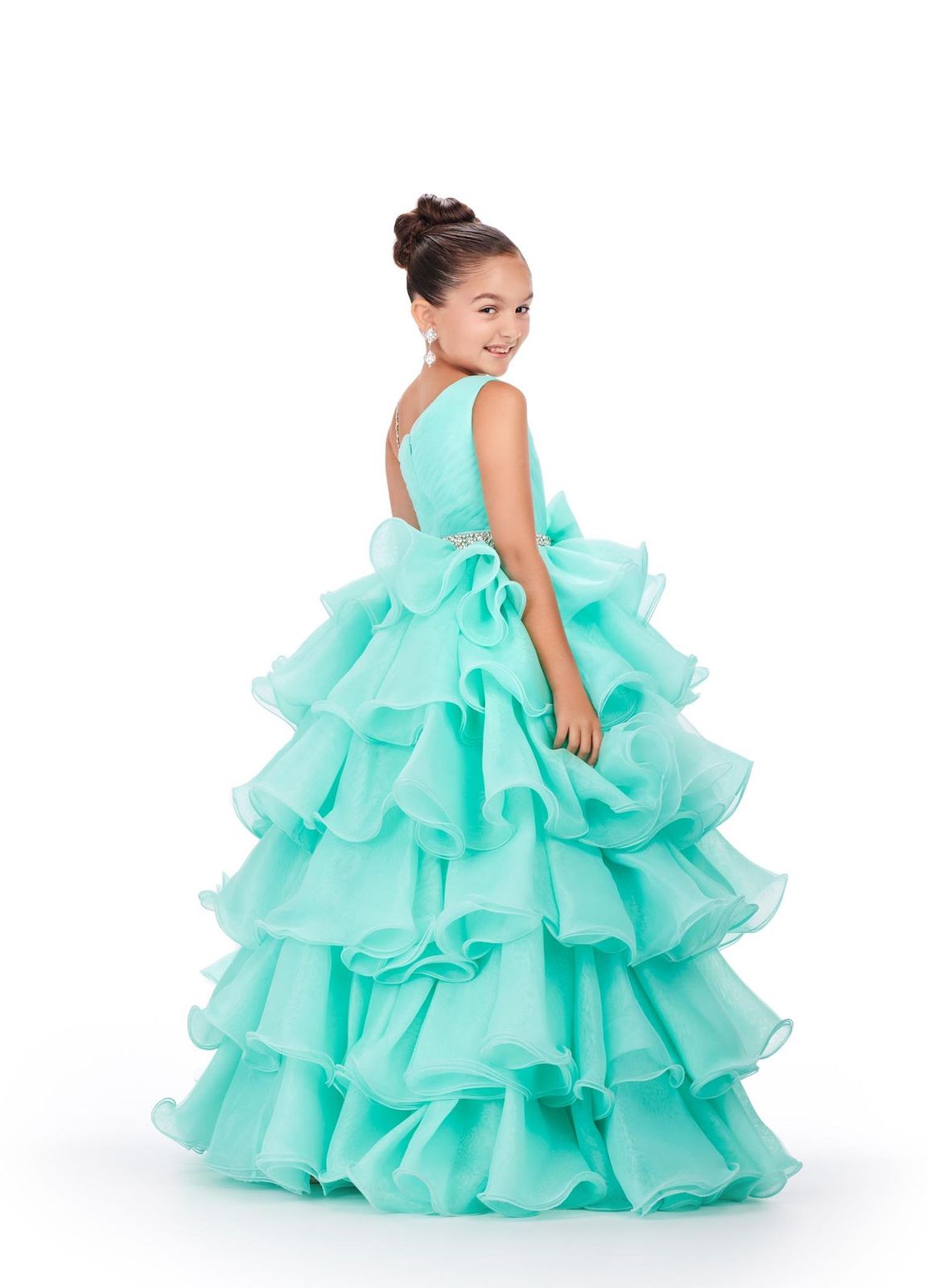 Ashley Lauren Kids 8217 Size 8,14 Hot Pink Long Ruffle Layer Girls Pageant Ballgown Bow Crystal Belt Gown