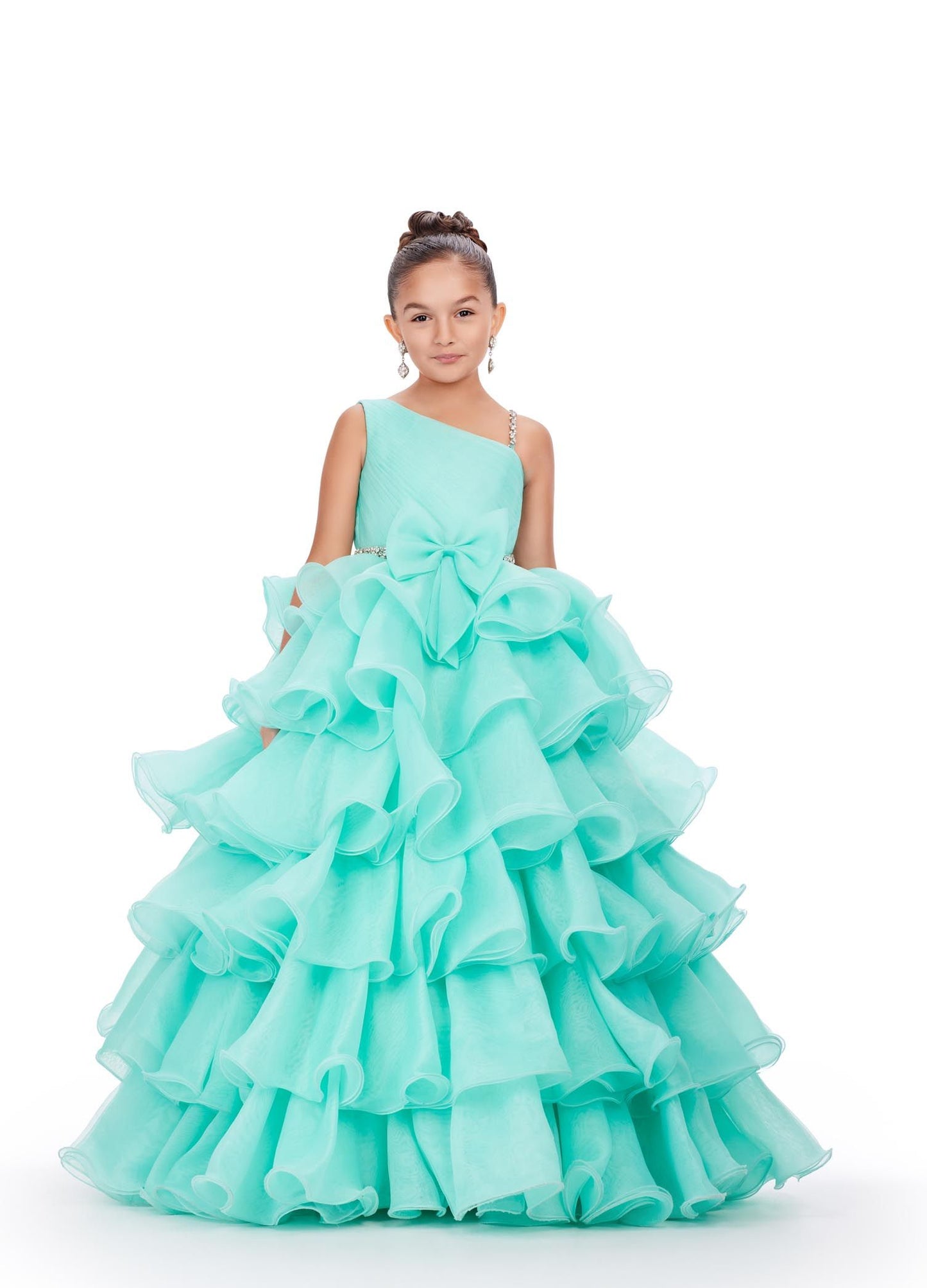 Ashley Lauren Kids 8217 Long Ruffle Layer Girls Pageant Ballgown Bow Crystal Belt Gown