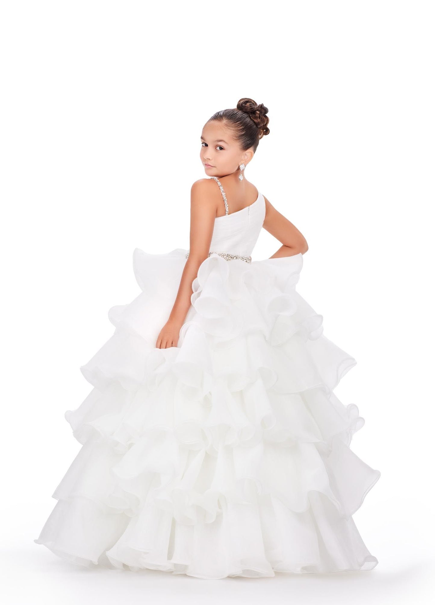 Ashley Lauren Kids 8217 Long Ruffle Layer Girls Pageant Ballgown Bow Crystal Belt Gown