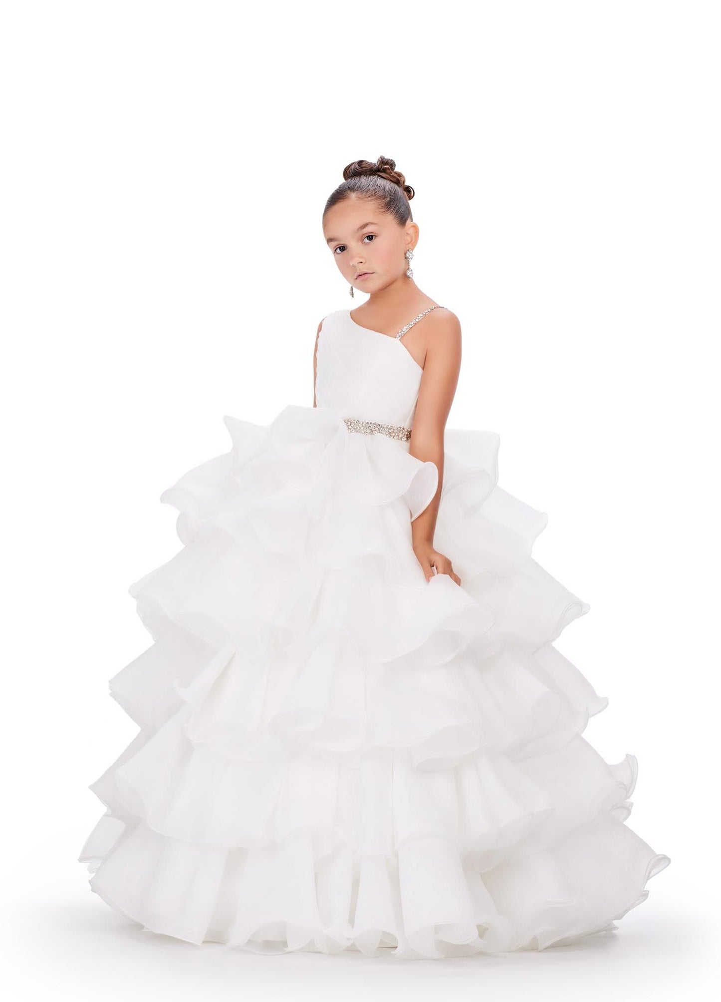 Ashley Lauren Kids 8217 Size 8,14 Hot Pink Long Ruffle Layer Girls Pageant Ballgown Bow Crystal Belt Gown