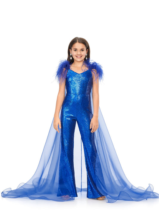 Ashley Lauren Kids 8174 Girls Sequin Jumpsuit with Organza Cape  Bring the drama in this kids sequin jumpsuit featuring a v-neckline. The look is complelted with an off the shoulder feather strap and organza cape.