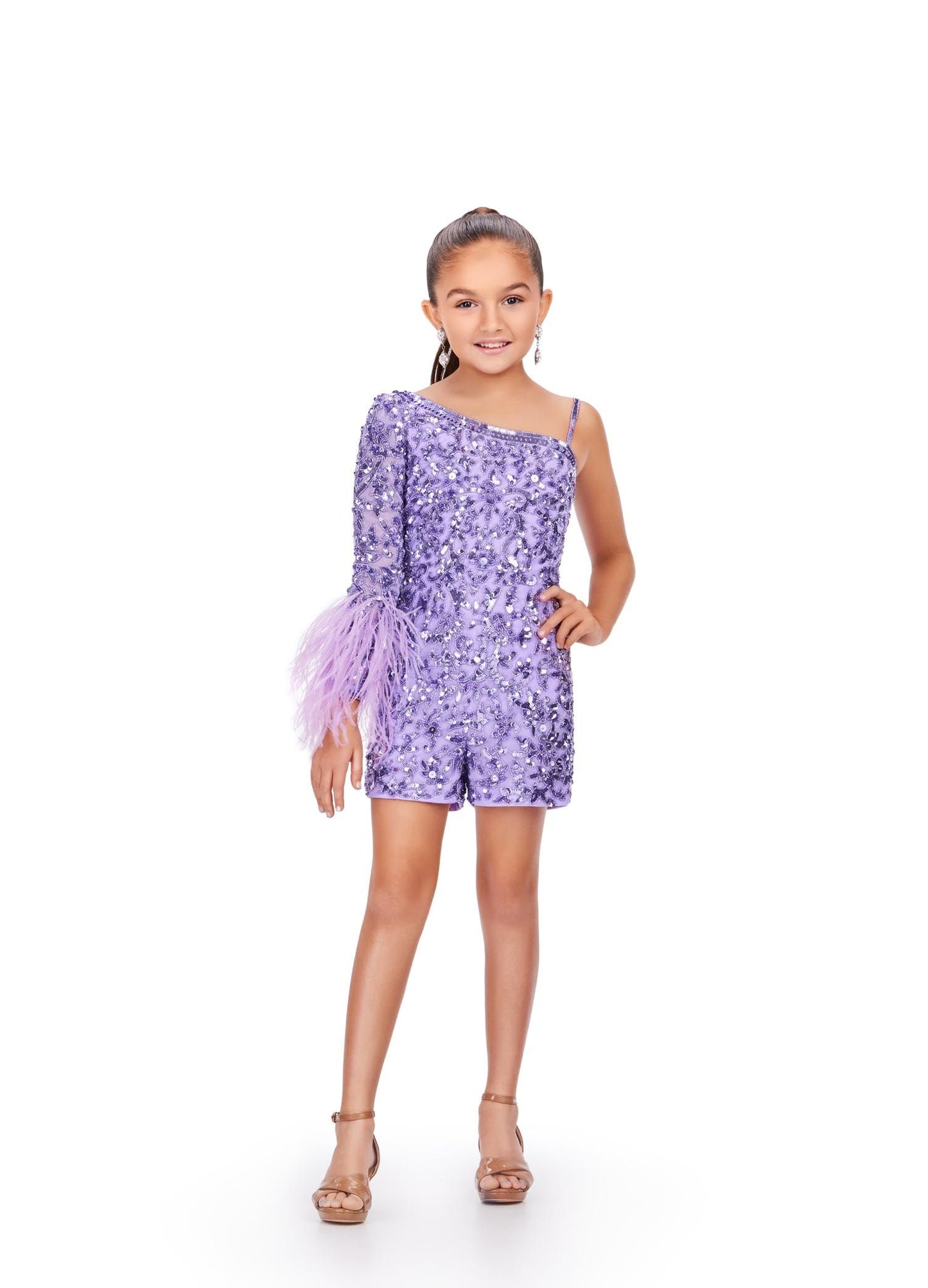 Ashley Lauren Kids 8192 Orchid Purple Girls Pageant Romper One Shoulder Long Sleeve With Feather Detail Fully Beaded Romper