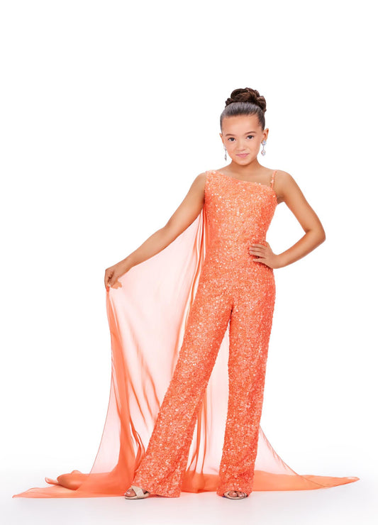 Ashley Lauren Kids 8191 Size 6 Coral Girls Beaded Jumpsuit cape Sequin One Shoulder Pageant Wear