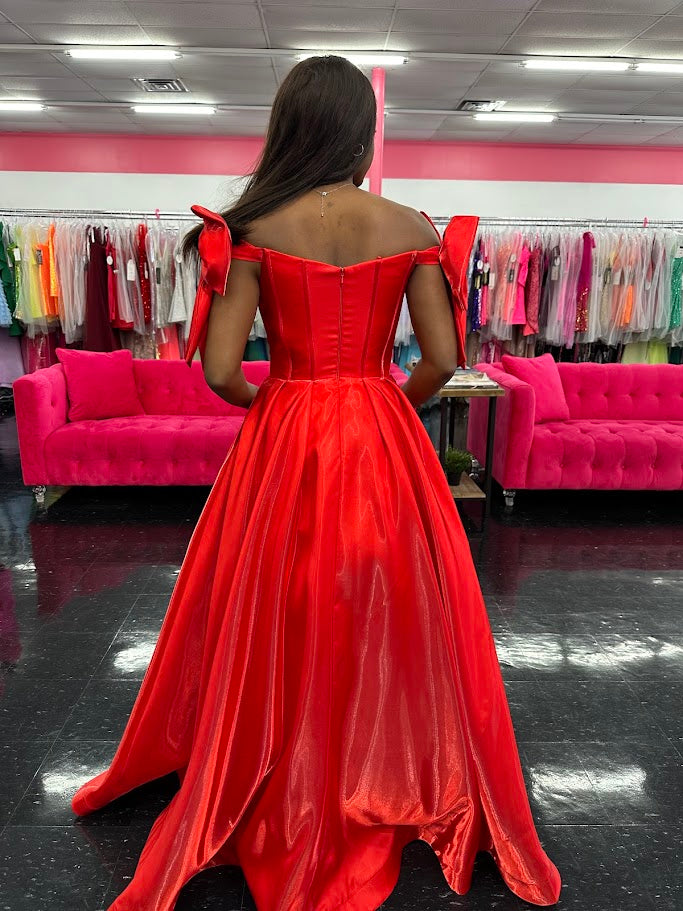 Ashley Lauren 11871 Size 6,12,14 Hot Pink Long Bow off the shoulder Dress Corset A Line Pageant Gown Pockets