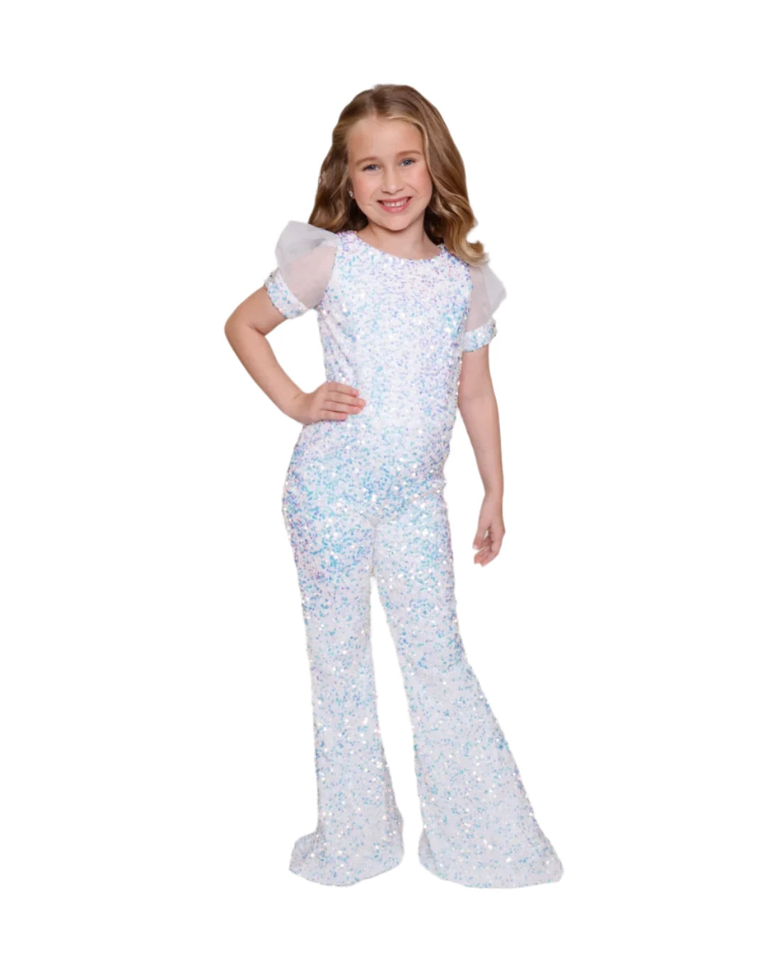 Introduce your little girl to the world of pageantry with the Ava Presley 38044 Girls Sequin Pageant Jumpsuit. Featuring a sparkling sequin design and a chic overskirt, this jumpsuit is not only fashionable but also comfortable with its puff sleeves and bell bottom. Perfect for formal occasions, give your child the confidence to shine on stage. The Ava Presley 38044