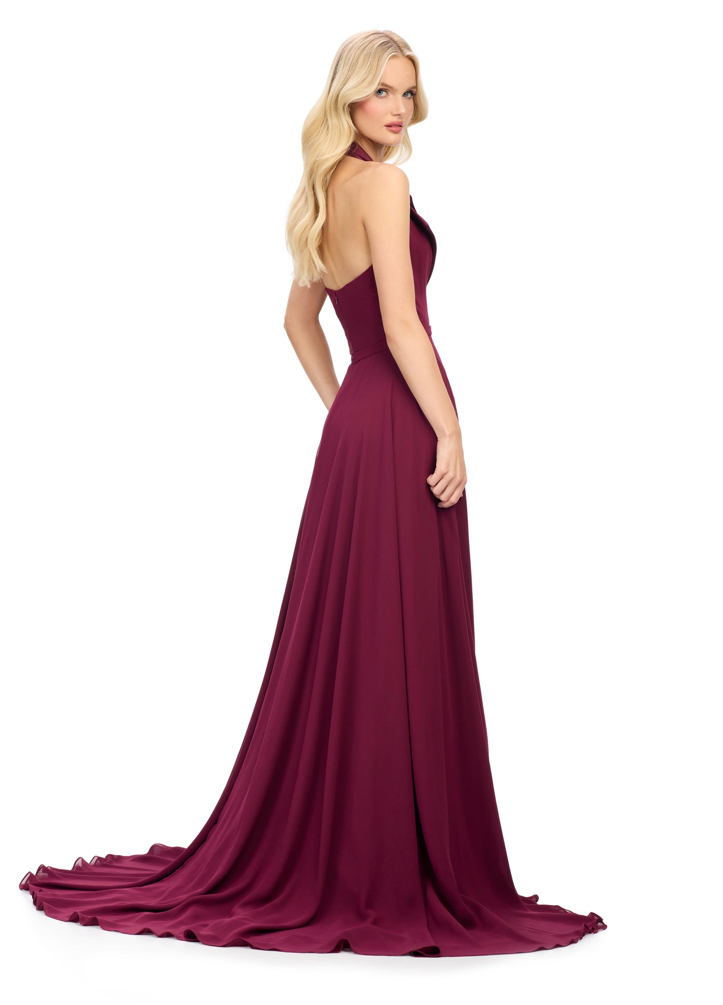 Ashley Lauren 11753 Halter A Line Evening Gown with Slit Tuxedo Lapel V Neckline