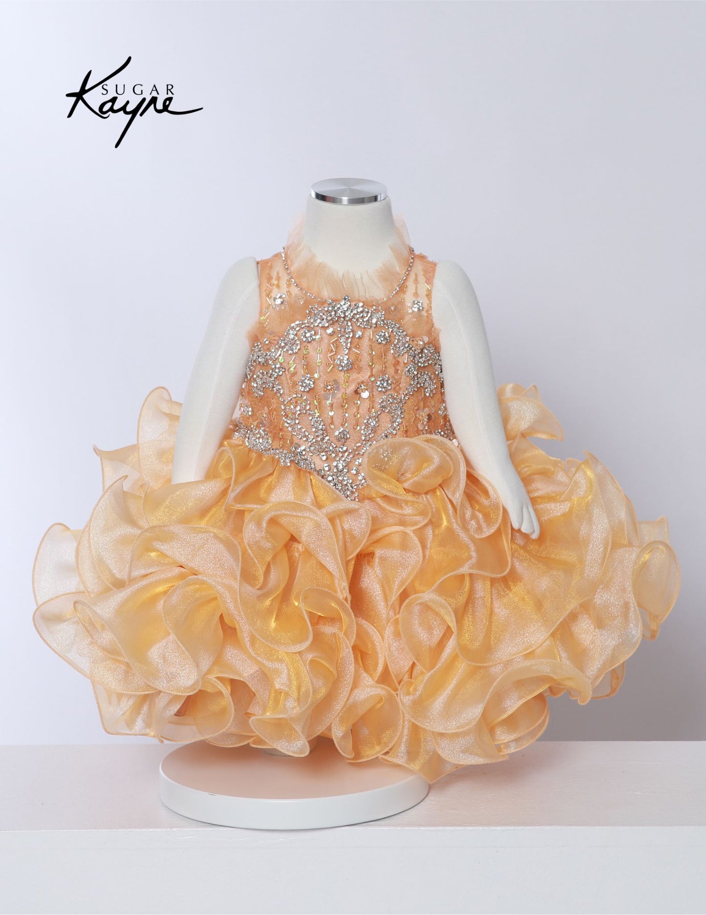 Sugar Kayne C231 Girls Pageant Cupcake Dress Hand Beaded Bodice Ruffle Trim High Neckline