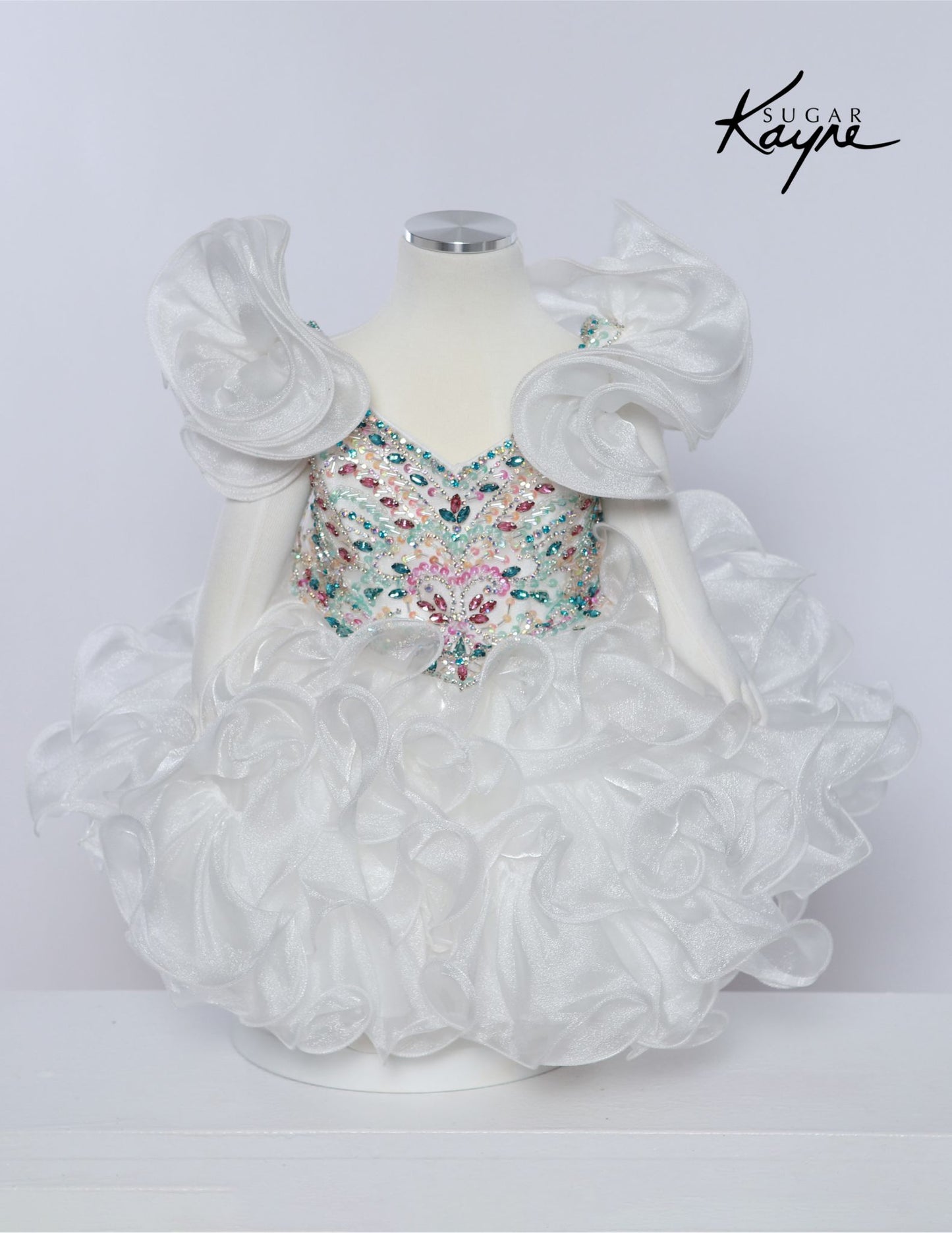 Sugar Kayne C232 Girls Pageant Cupcake Dress Crystal Bodice Sweetheart Neckline Ruffle Shoulders