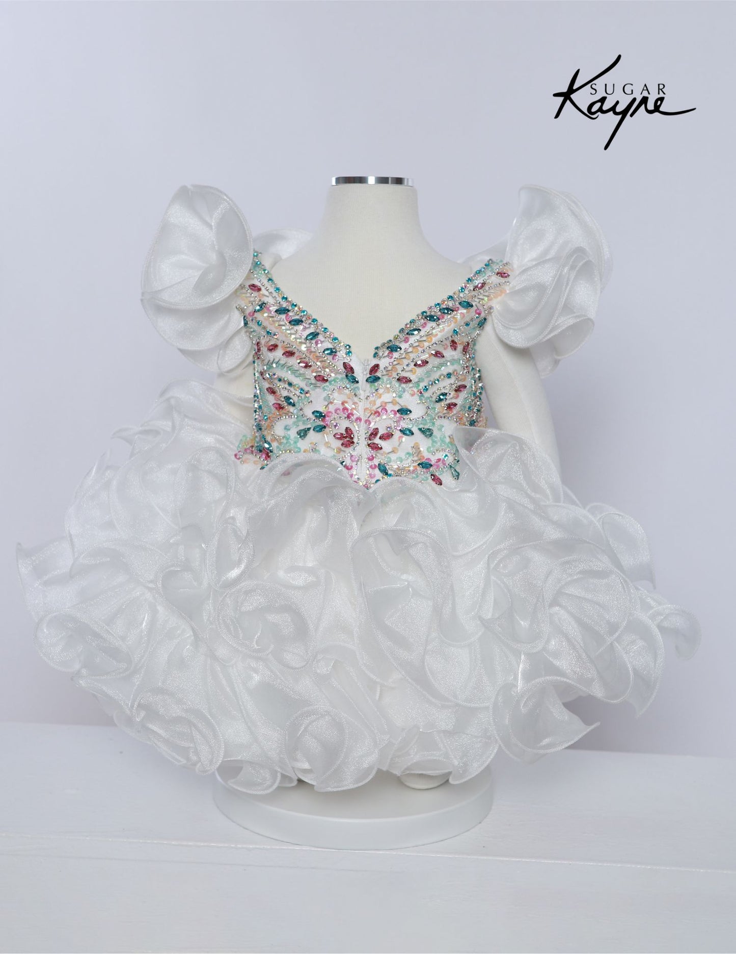 Sugar Kayne C232 Girls Pageant Cupcake Dress Crystal Bodice Sweetheart Neckline Ruffle Shoulders