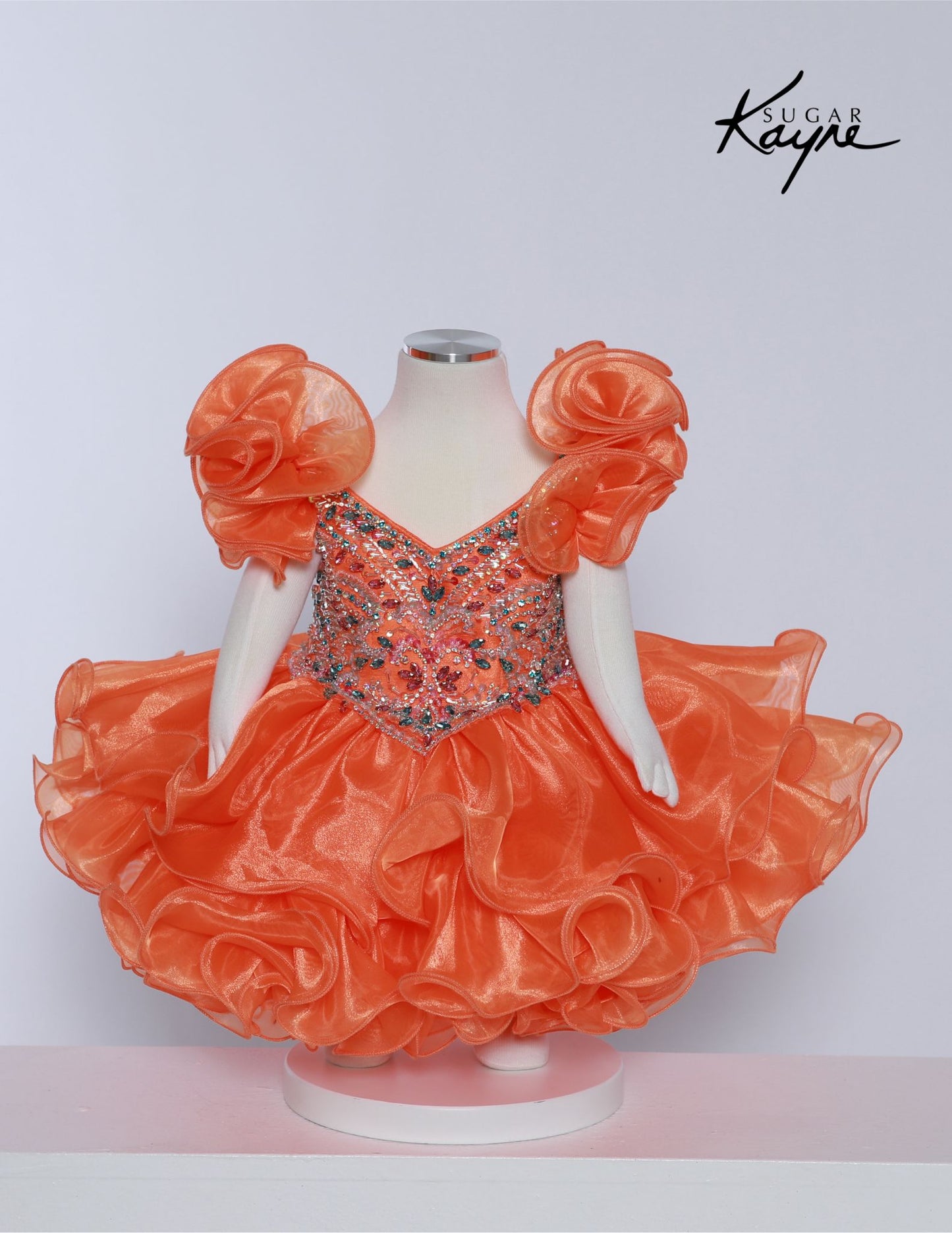 Sugar Kayne C232 Girls Pageant Cupcake Dress Crystal Bodice Sweetheart Neckline Ruffle Shoulders