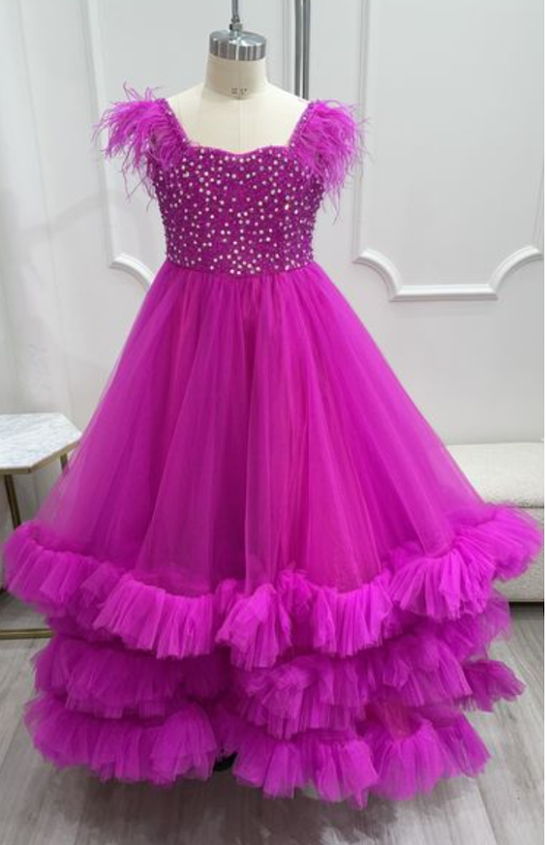 Sugar Kayne C327 Size 4 Magenta Girls Preteens Pageant Dress Feather Straps Tiered Ruffle Bottom Crystal Stone Bodice