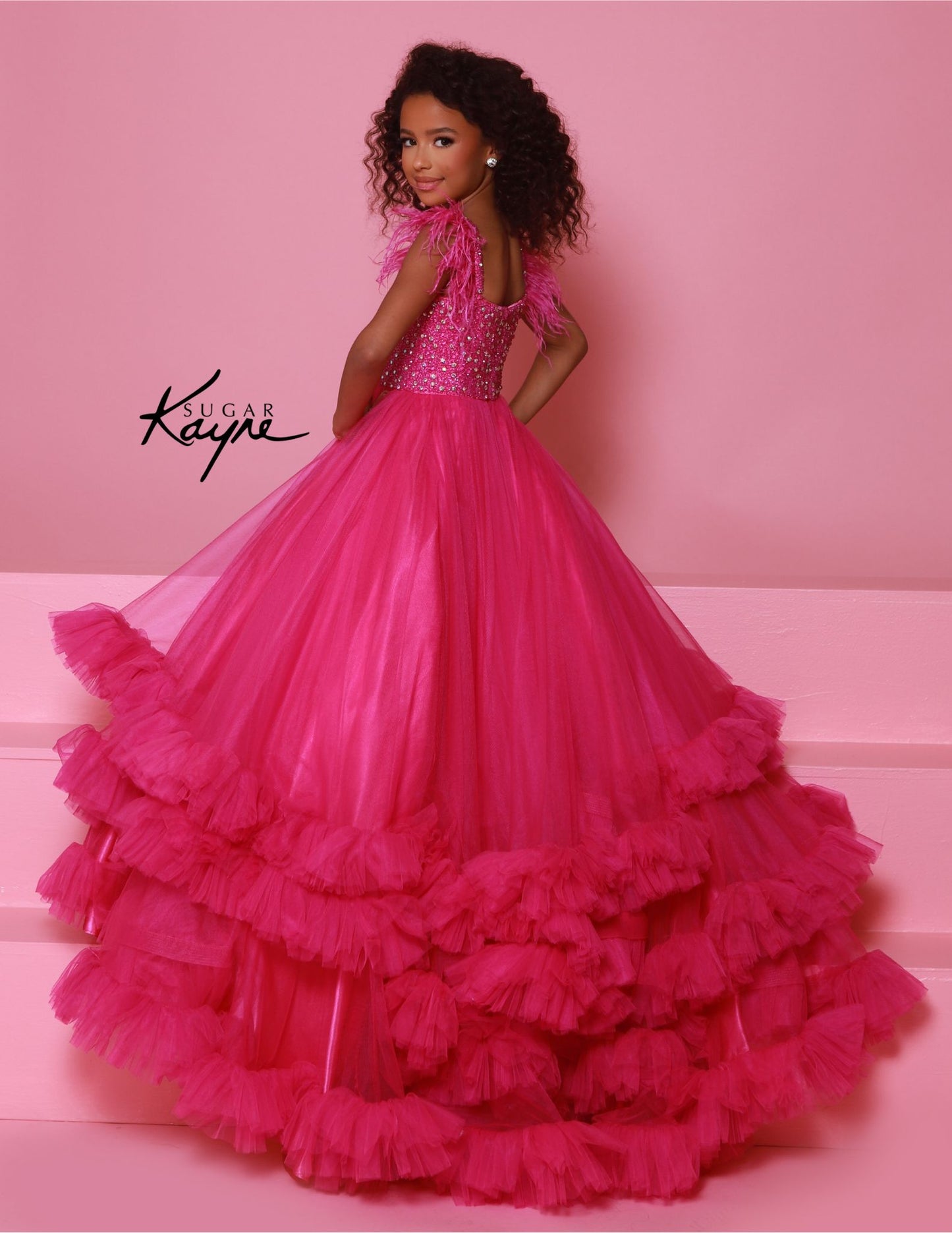 Sugar Kayne C327 Girls Preteens Pageant Dress Feather Straps Tiered Ruffle Bottom Crystal Stone Bodice