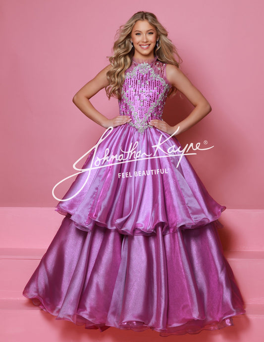 Sugar Kayne C352 Long Metallic Girls Pageant Dress Preteen Beaded Bodice Layers Metallic Organza