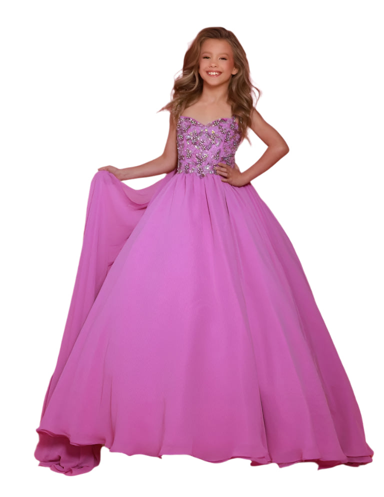 Experience the epitome of grace and sophistication with the Sugar Kayne C368 Chiffon Cape Girls Pageant Dress. Adorned with delicate crystal sequins and a stunning bodice, this ballgown is sure to make a lasting impression. The chiffon cape adds a touch of elegance and the perfect finishing touch. Perfect for teenagers looking for a show-stopping dress. Be simply stunning at your next pageant in this exquisite poly chiffon dress. Designed with beaded straps and a bodice that exudes winner-worthy elegance, i