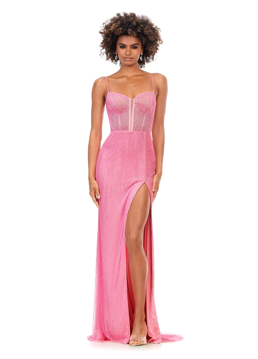 Ashley Lauren 11369&nbsp;This liquid beaded style features an exposed bustier that is sure to accentuate your curves. The look is complete with sweep train and left leg slit.