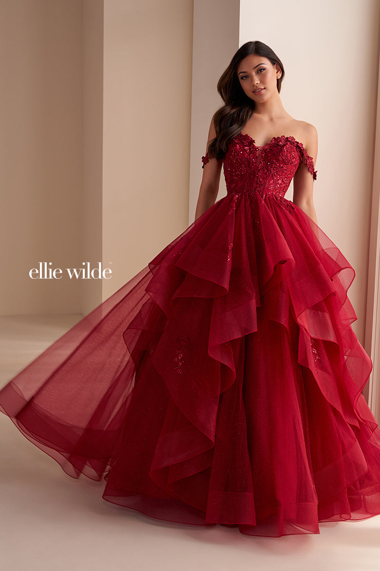 Ellie Wilde EW35084 Long Ruffle Shimmer Sequin Lace Ballgown Prom Dress Formal Sheer Gown