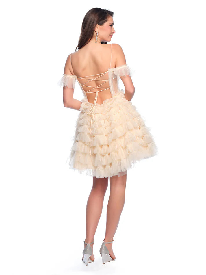 Discover the perfect combination of elegance and fun with the Dave &amp; Johnny 11754 Homecoming Dress. This stunning design features a sheer corset off the shoulder top, adorned with shimmery sequin layer tulle. With its playful cupcake skirt, this dress is guaranteed to make you stand out at any event.