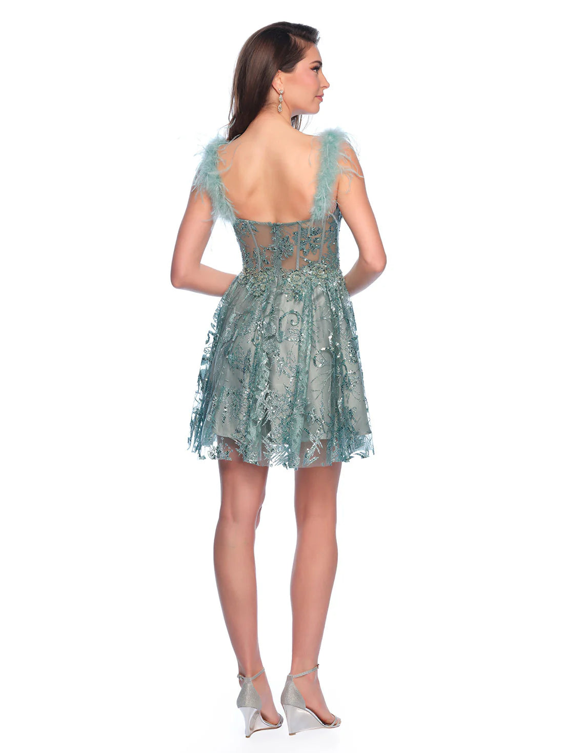 Discover elegance and sophistication with the Dave &amp; Johnny 11908 Homecoming Dress. Adorned with delicate sheer lace, sparkling sequins, and feather accents, this A Line Corset Gown is sure to turn heads. Let your individuality shine through as you make a statement in this stunning dress.