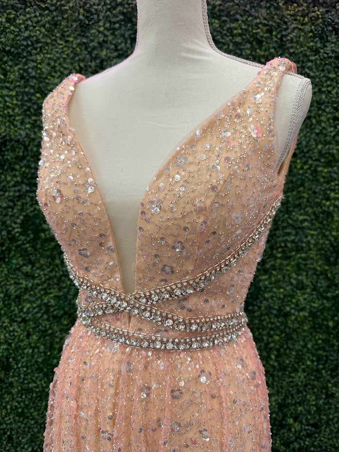 Johnathan Kayne 5400 Size 4 Champagne Long Beaded Sequin A Line Crystal Formal Evening Dress Gown V Neck