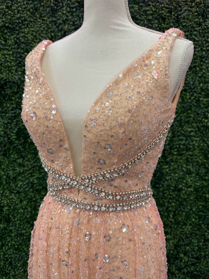 Johnathan Kayne 5400 Size 4 Champagne Long Beaded Sequin A Line Crystal Formal Evening Dress Gown V Neck