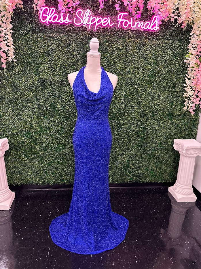 Johnathan Kayne 2728 is a size 4 cowl neck formal gown crafted with Custom Liquid Beading. The halter neck closure makes for a beautiful and stylish silhouette with a royal finish. Perfect for your next event!   ** One of a kind Custom  Size: 4  Color: Royal