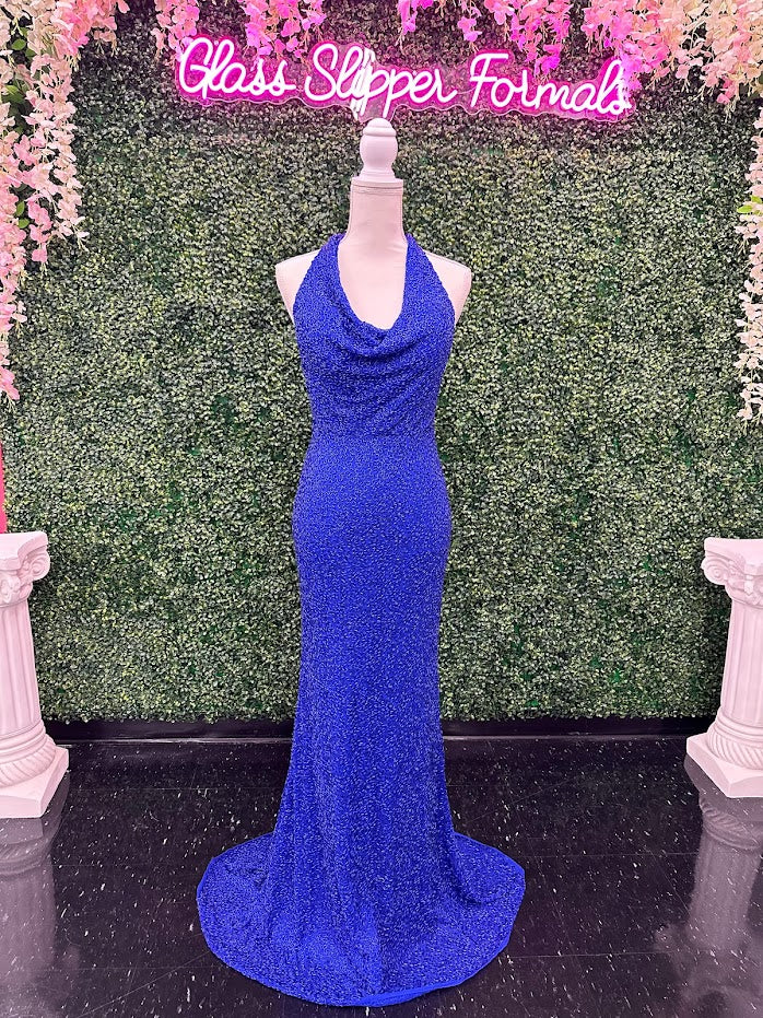 Johnathan Kayne 2728 is a size 4 cowl neck formal gown crafted with Custom Liquid Beading. The halter neck closure makes for a beautiful and stylish silhouette with a royal finish. Perfect for your next event!   ** One of a kind Custom  Size: 4  Color: Royal