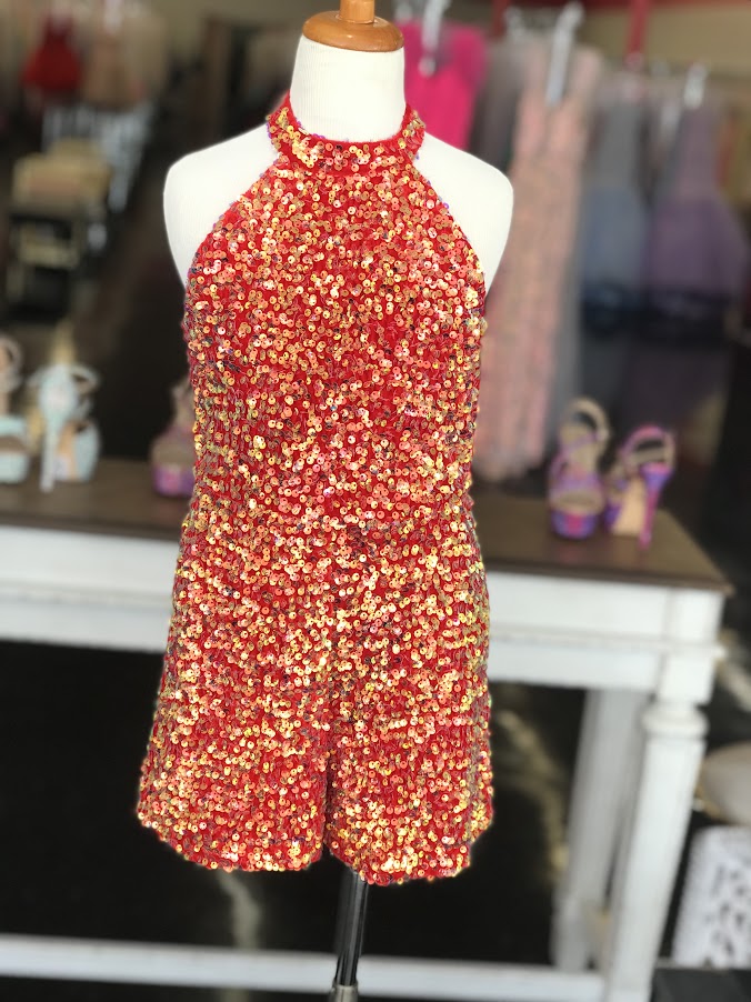 Marc Defang 5033 Short Girls sequin Pageant Romper high neck fun fashion Velvet Sequin High Neck Crystal Embellished Romper Pageant Fun Fashion  Sparkle Iridescent colors  Fully beaded Halter Neck Back Straps  Side Pockets Knitted inner comfort lining Available Sizes: 4-14