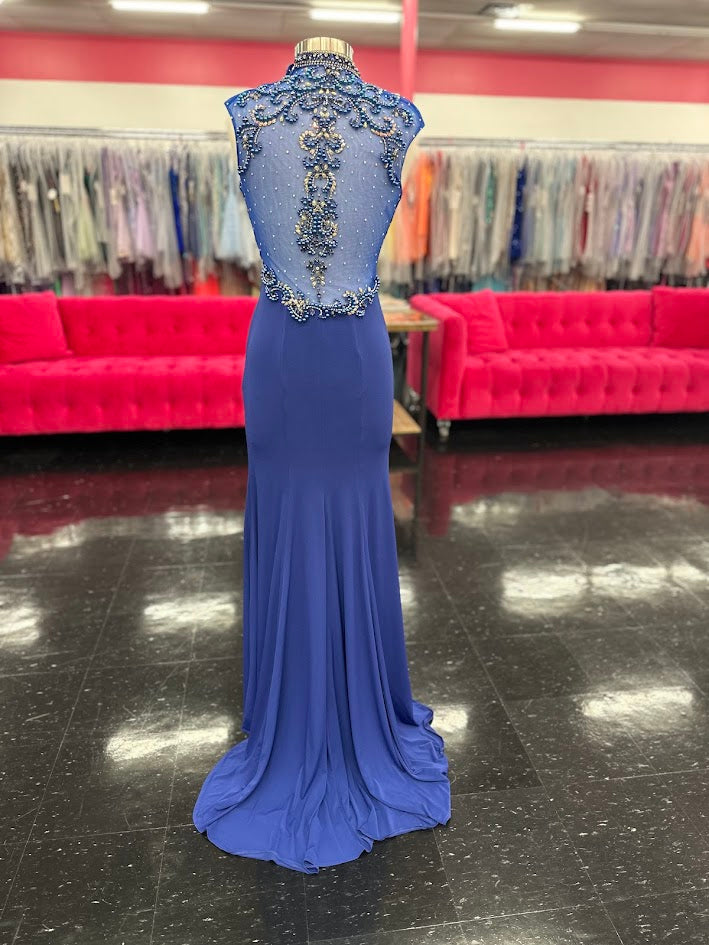 Envious Couture 16147 Size 8 Royal Blue prom dress pageant gown Slit Sheer High Neck