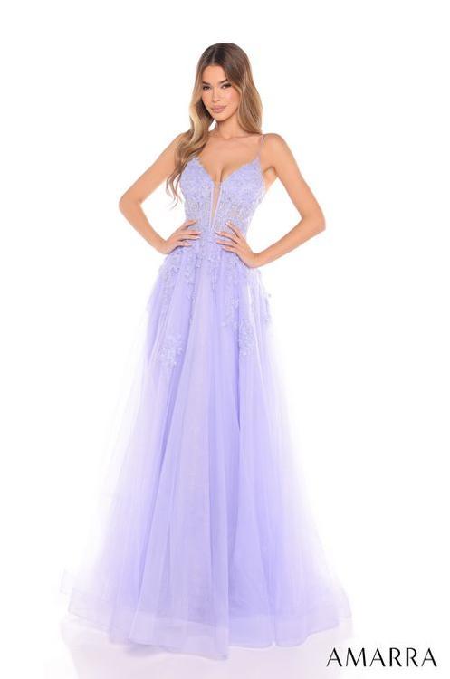 Amarra 88253 Floral Lace A line Prom Dress With Sheer Corset Bodice