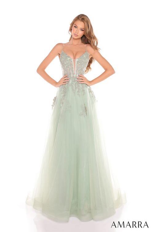 Amarra 88253 Floral Lace A line Prom Dress With Sheer Corset Bodice