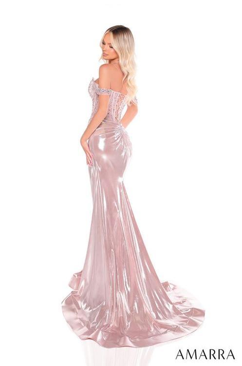 Amarra 88254 Metallic Prom Dress Fitted Off The Shoulder Gown With Beaded Corset Bodice