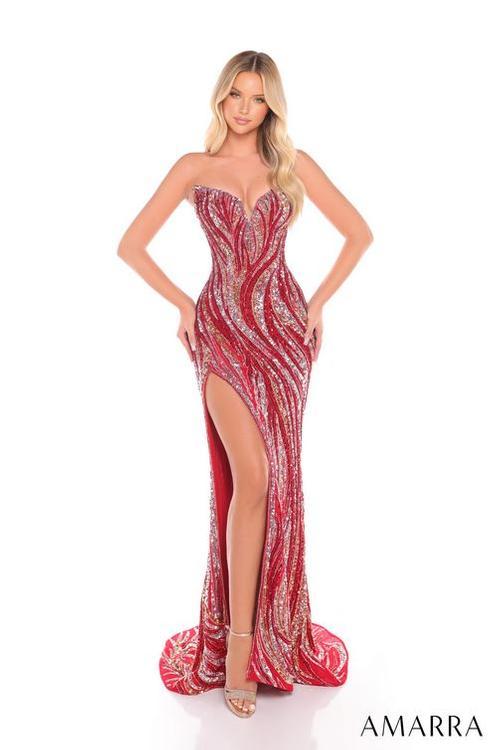 Amarra 88291 Fitted V Neckline Prom Dress Evening Gown With Patterned Sequins