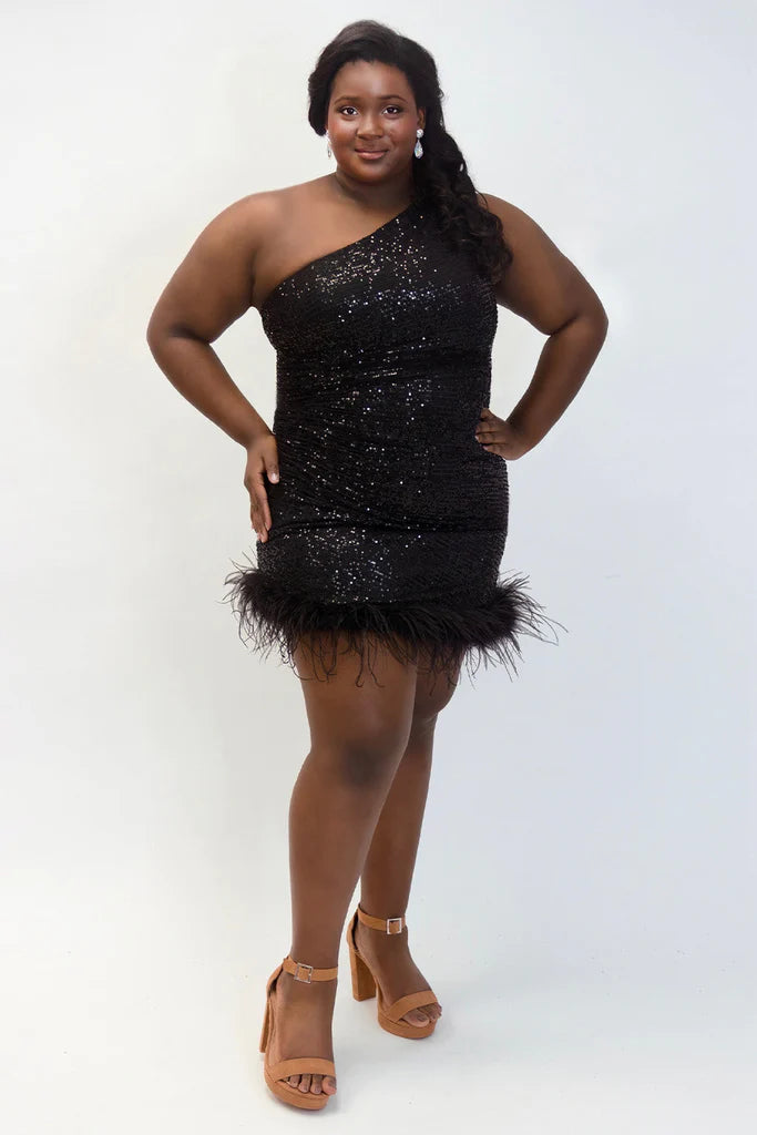 This Sydneys Closest JK2401 Cocktail Dress is perfect for any special occasion. It features a one-shoulder, sequin design and is made from luxurious feather fabric. This plus-size dress is perfect for making a statement at any formal event. Ignite a Feather Frenzy in this sizzling dress! It's a guaranteed showstopper with a fitted silhouette