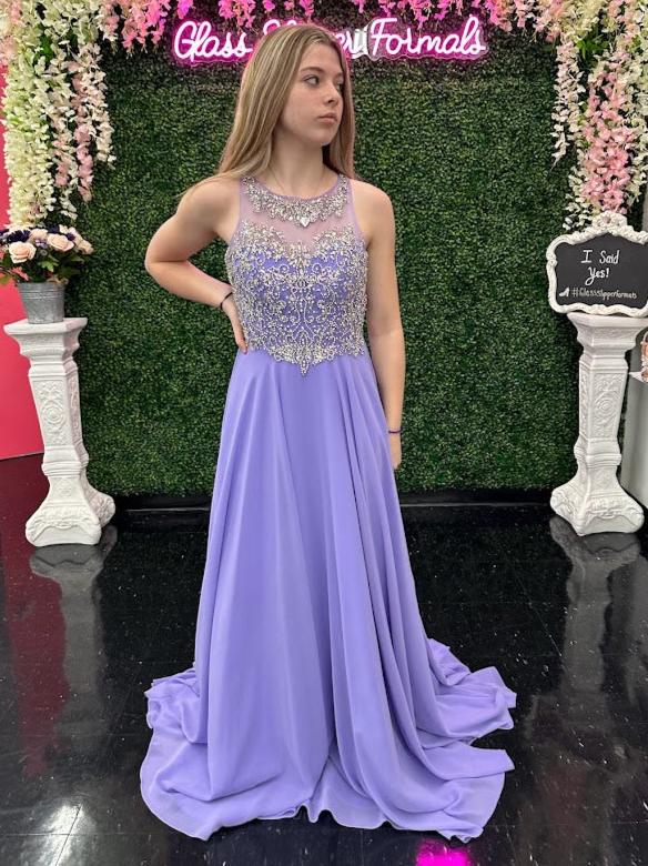 Jovani JVN27809 High Embellished Sheer Neckline with a illusion sweetheart. This Evening Gown with illusion Keyhole Back and long flowy chiffon skirt pageant gown prom dress JVN27809