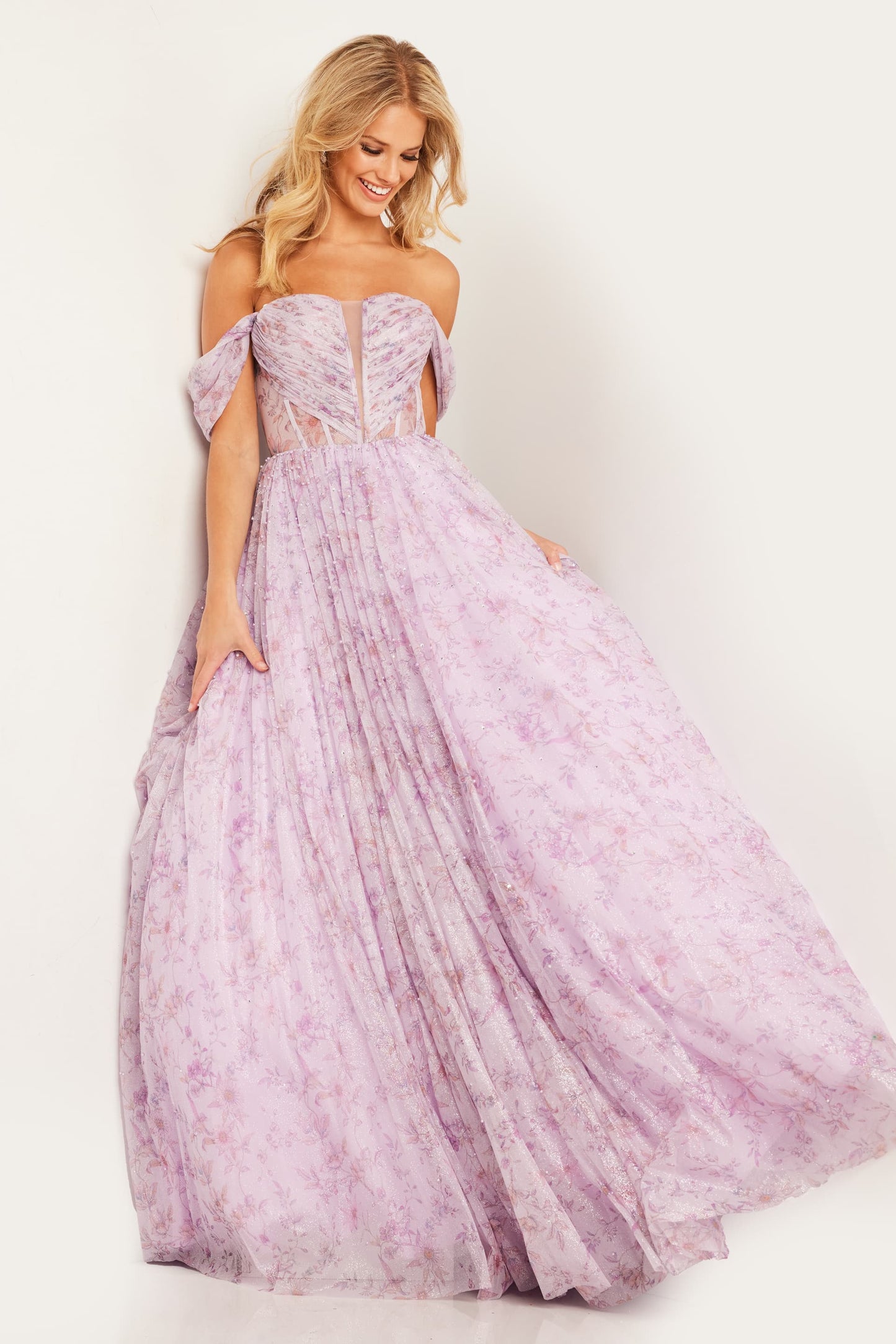 JVN36581 floral print prom dress A line off the shoulder sweetheart neckline with corset bodice