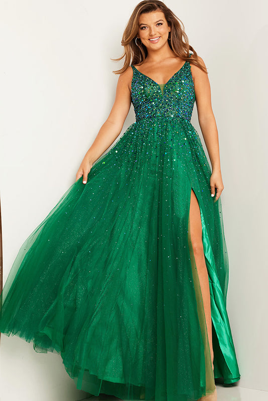 Jovani 38437 tulle A line prom dress stones paillettes slit v neckline