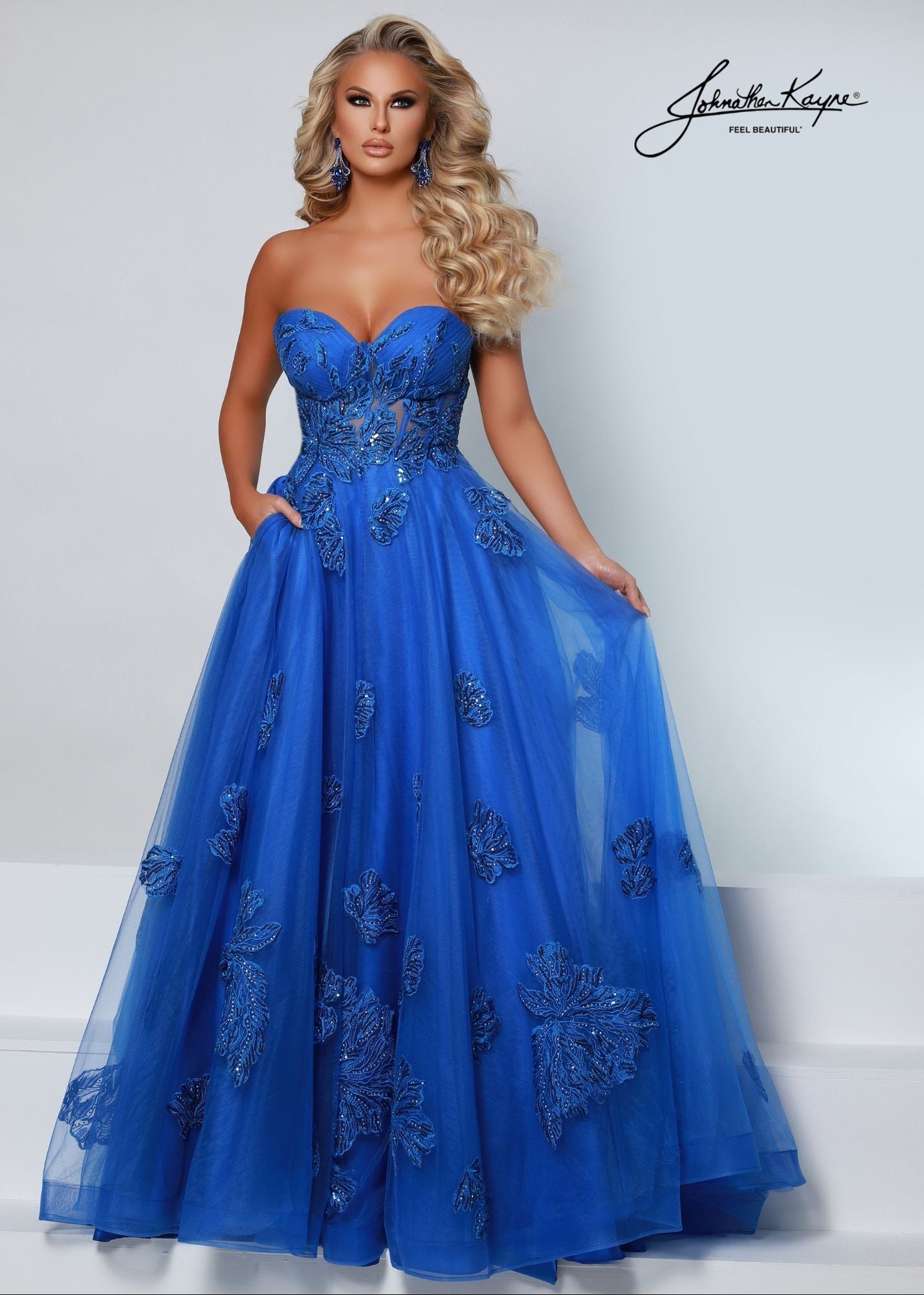 Johnathan Kayne 2518 Long A Line Sequin Lace Sheer Corset Formal Dress Prom Pageant Pockets  Sizes: 00, 0, 2, 4, 6, 8, 10, 12, 14, 16  Colors: Barbie Pink, Royal