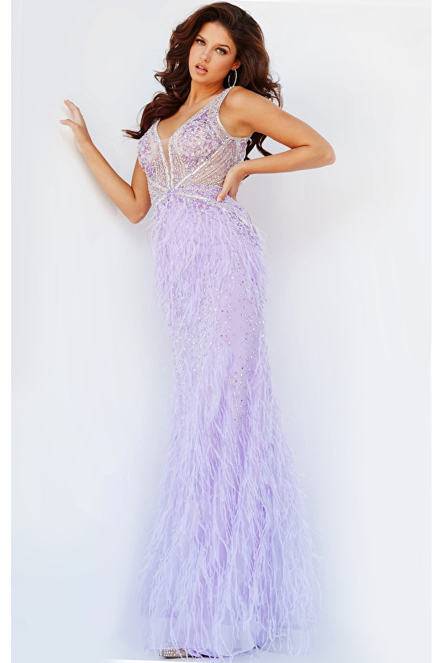 Jovani 03023 is a Long Feather Skirt Prom Dress, Pageant Gown, Wedding Dress & Formal Evening wear. This Sheer embellished bodice features a plunging v neckline with beading & crystal accents cascading through a feather embellished skirt. Very stunning and unique wedding dress!