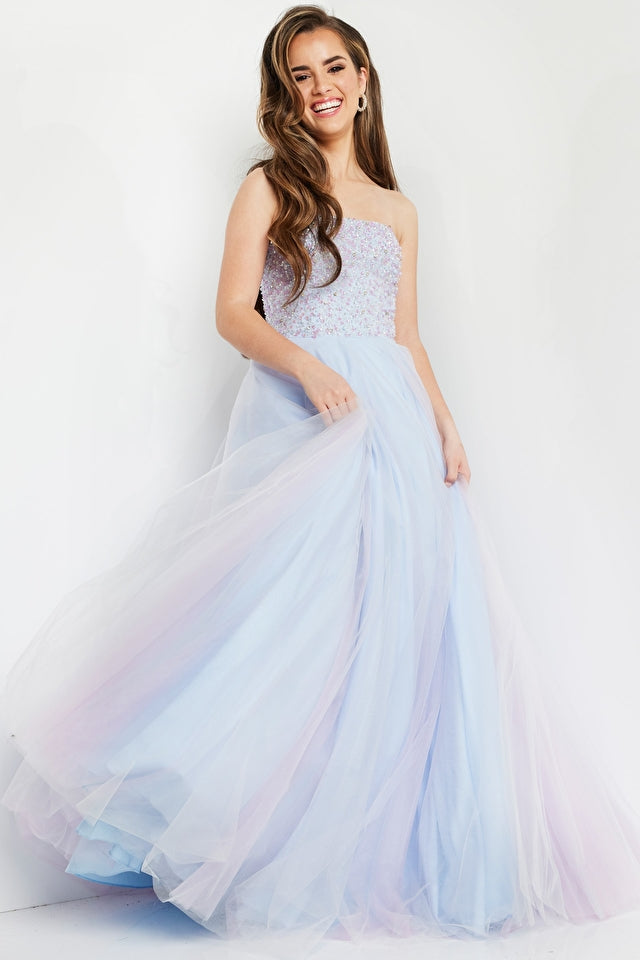 Jovani Kids K02229 This is a beautiful long tulle ballgown that has a straight neckline.  The top is fully embellished. This kids dress is great for tween or preteens for a pageant gown, spring formal or other formal events.