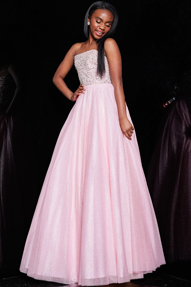 Jovani Kids K04443 This is a sparkly long formal dress for girls and preteens.  It is strapless and has a straight neckline.  The bodice is fully embellished. The long tulle ball gown skirt has a shimmer to it.