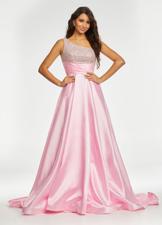 Ashley Lauren 11149 One Shoulder Ball Gown Prom Dress with Embellished Bodice  Sparkle in this one shoulder taffeta ball gown. The elegantly encrusted bustier is embellished with pearls and crystals that give way to wrap waistline. Did we mention is has pockets?!  One Shoulder Beaded Bustier Shimmer Taffeta Train Colors:  Sky, Aqua, Pink, White Sizes:  0-16