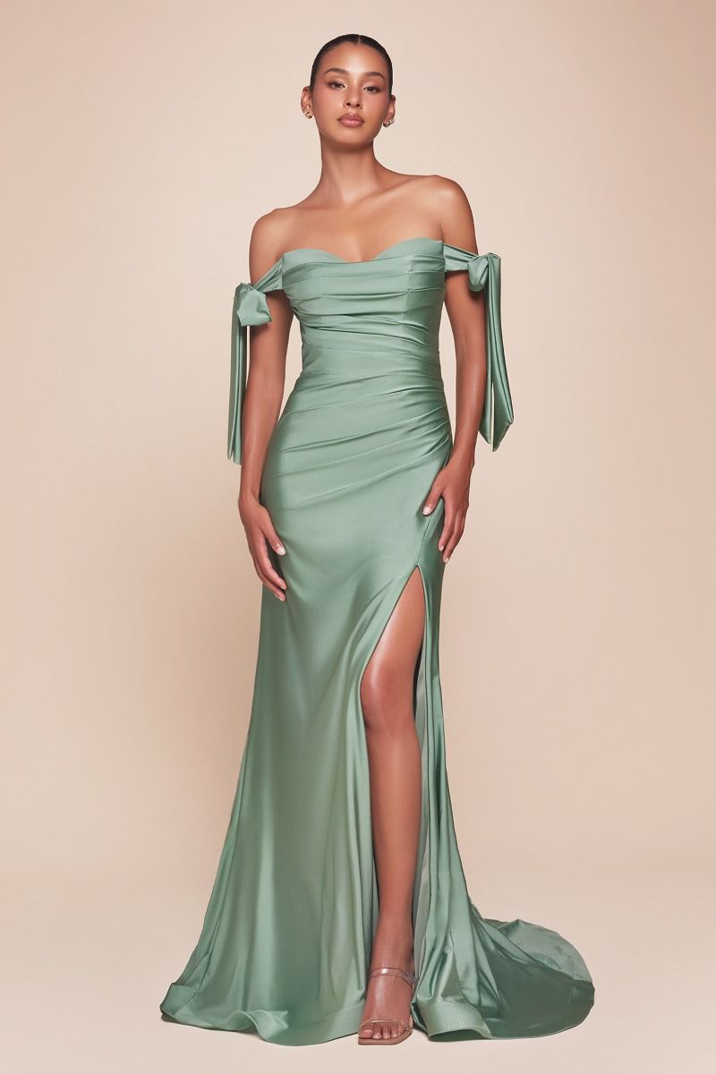 Ladivine CD943C Evening Bridesmaids Dress Curvy Sizes Off the Shoulder Tie Straps Fitted Ruched Slit