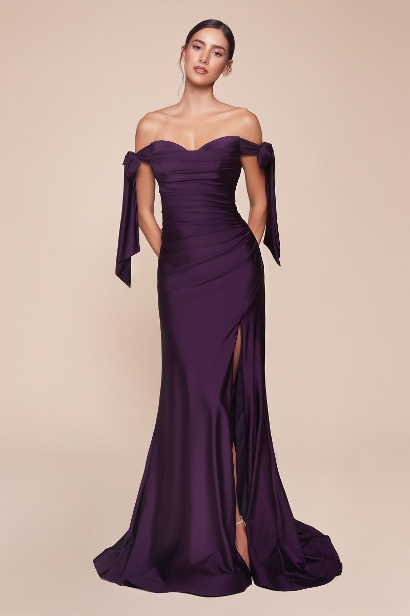 Ladivine CD943 Evening Bridesmaids Dress Off the Shoulder Tie Straps Fitted Ruched with Slit