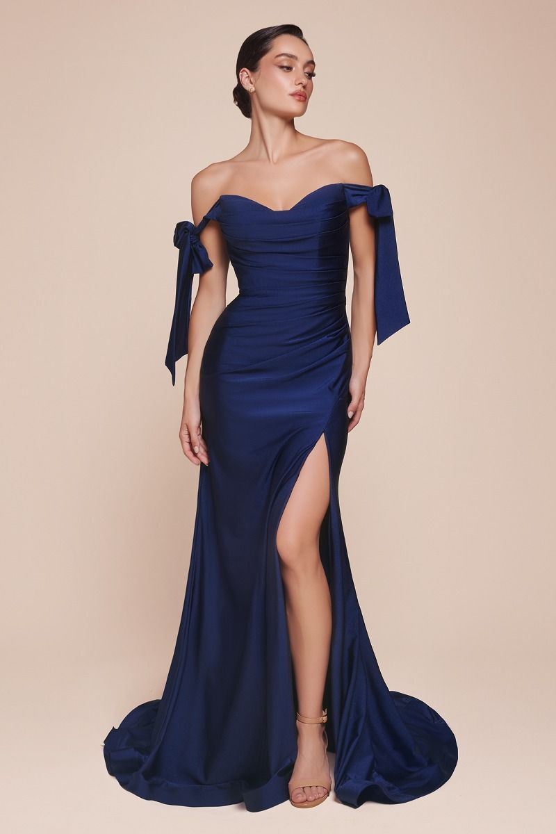 Ladivine CD943 Evening Bridesmaids Dress Off the Shoulder Tie Straps Fitted Ruched with Slit