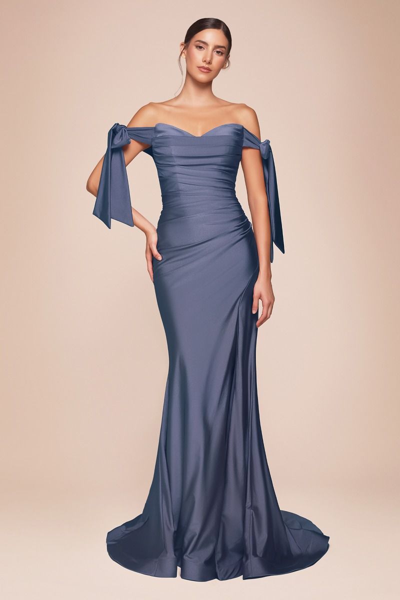 Ladivine CD943 Evening Bridesmaids Dress Off the Shoulder Tie Straps Fitted Ruched with Slit